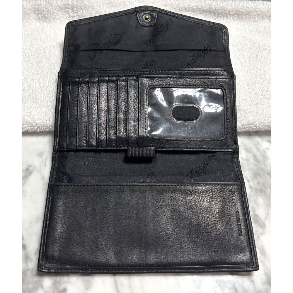 Fossil Women's Black Leather Trifold Wallet Organizer Snap Clutch Y2K Vintage - Picture 5 of 10